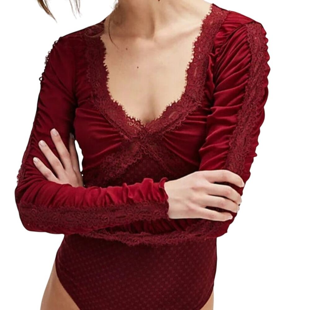 Free People Red Mesh and Lace Bodysuit Smallβ NWT